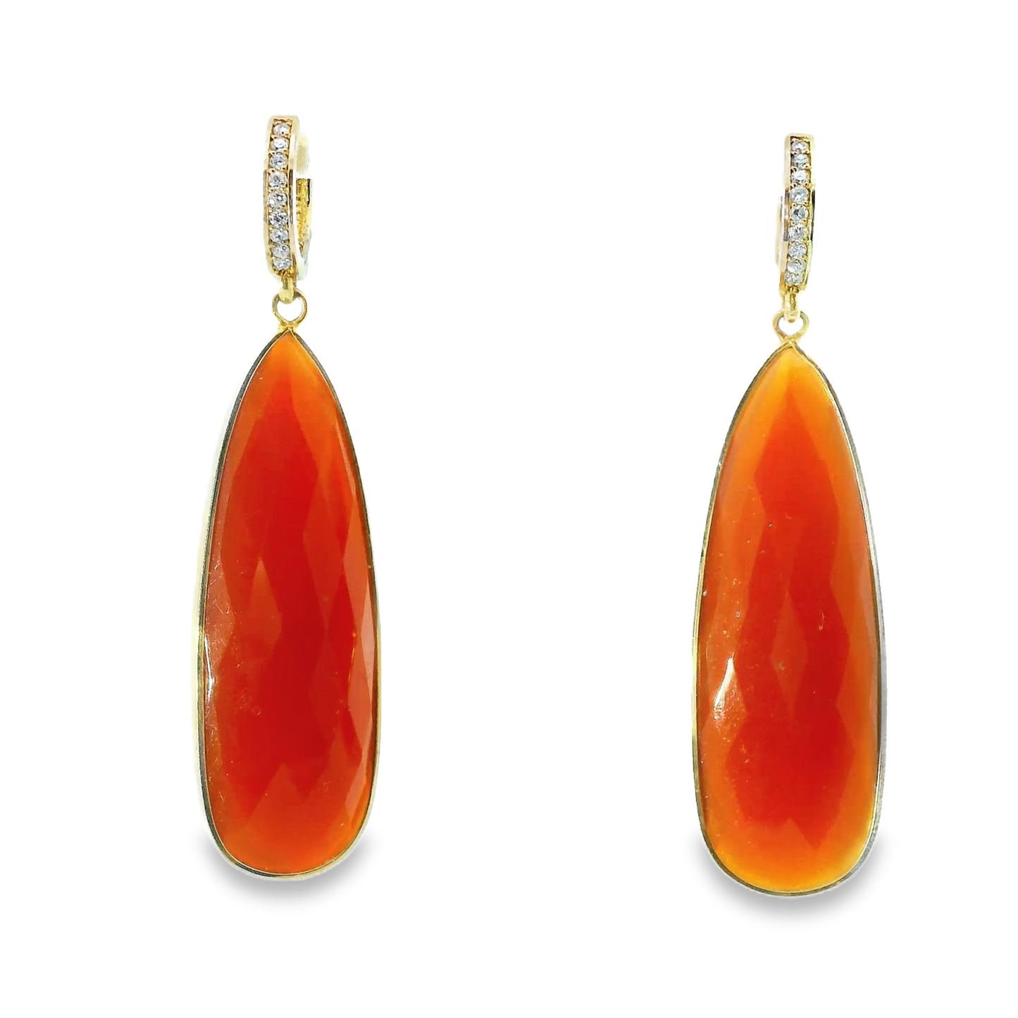 0.15CT Diamond with Orange Calcedony 14k Yellow Gold Earring