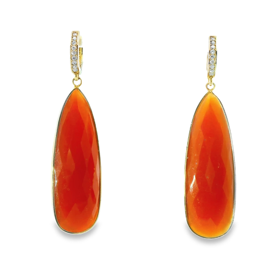 0.15CT Diamond with Orange Calcedony 14k Yellow Gold Earring