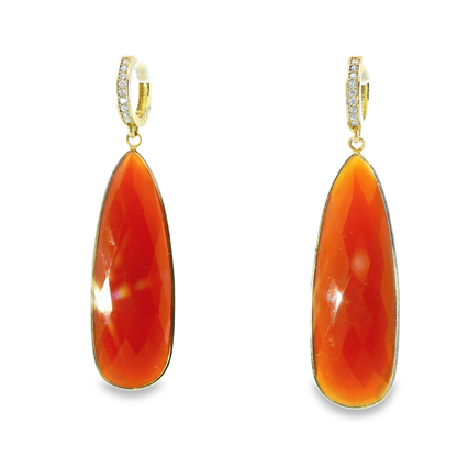 0.15CT Diamond with Orange Calcedony 14k Yellow Gold Earring