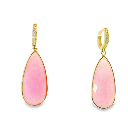 0.15CT Diamond with Pink Calcedony 14k Yellow Gold Earring