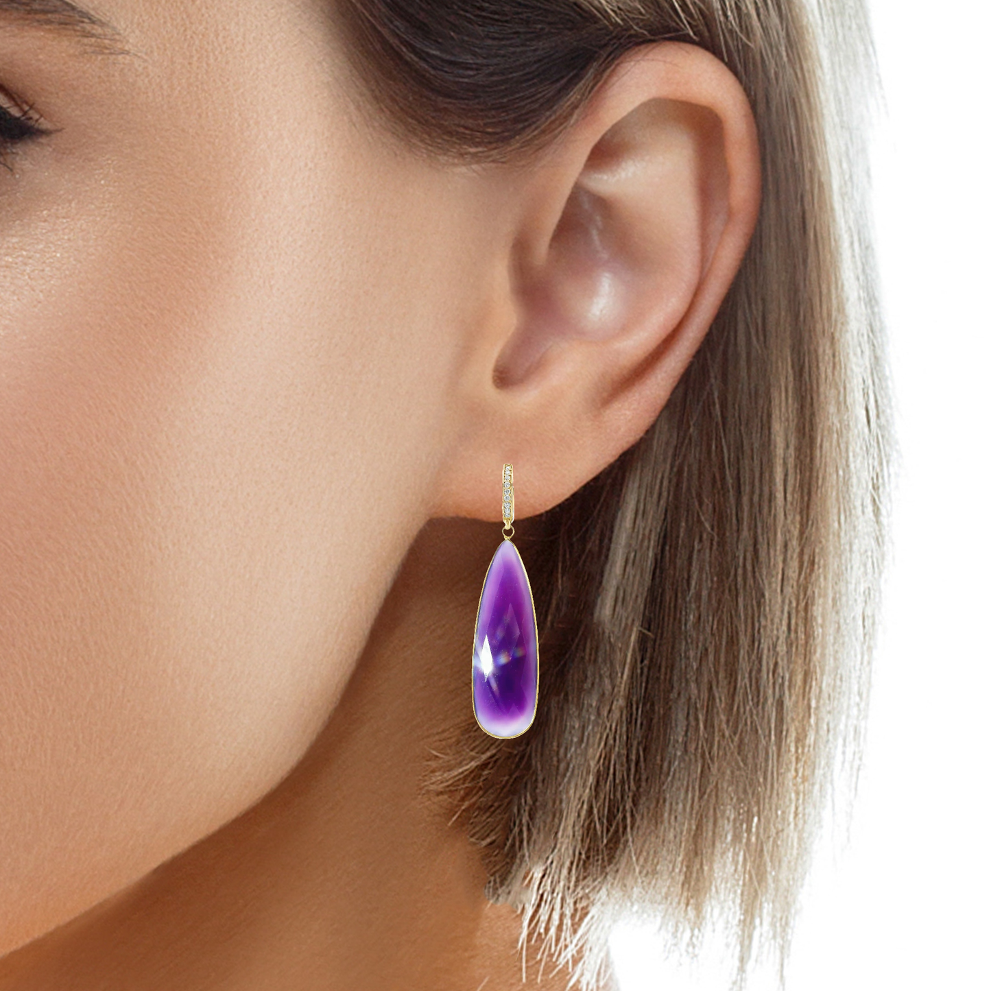 0.15Ct Diamond with Purple Agate 14k Yellow Gold Earring