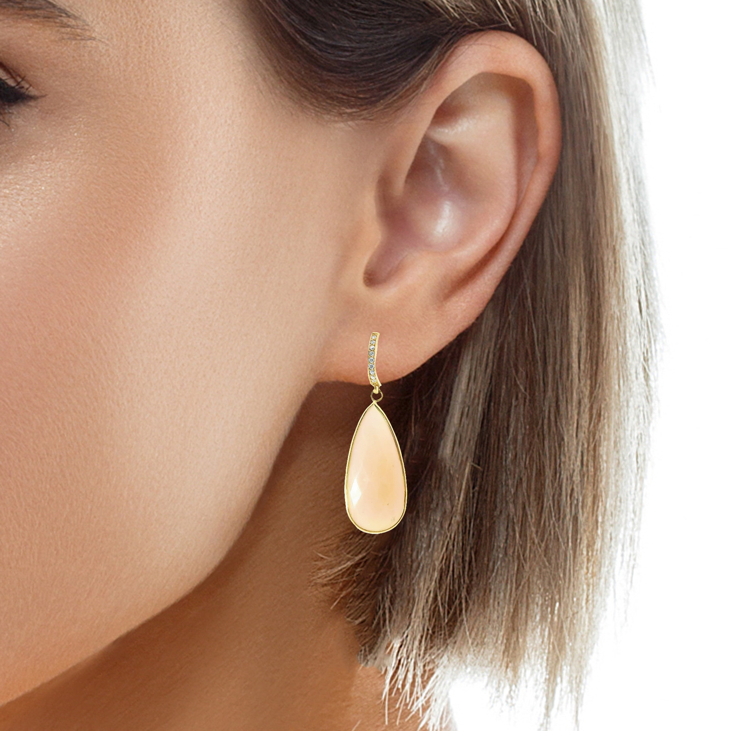 0.15CT Diamond with Peach Moon  14k Yellow Gold Earring