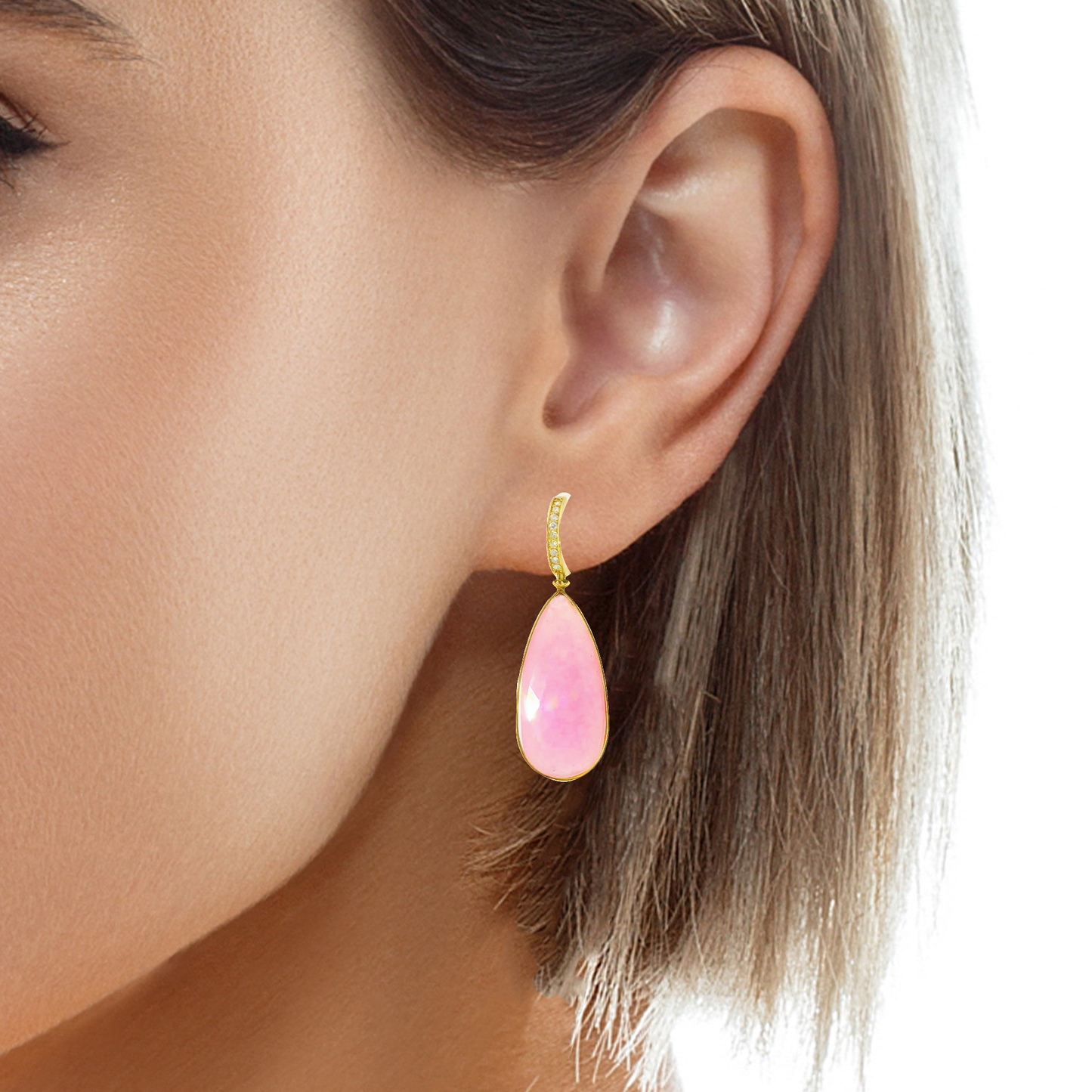 0.15CT Diamond with Pink Calcedony 14k Yellow Gold Earring