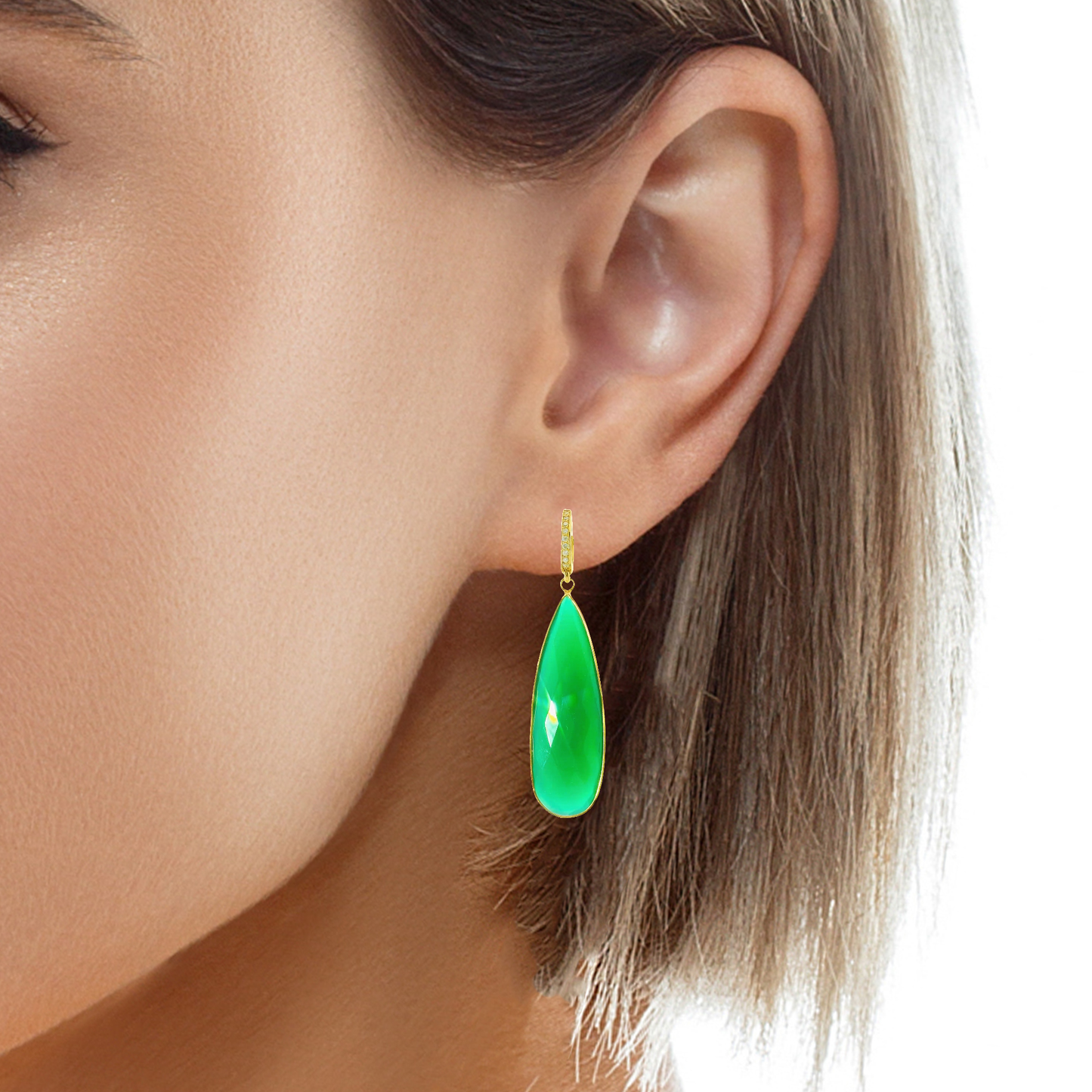 0.15Ct Diamond with Green Agate 14k Yellow Gold Earring