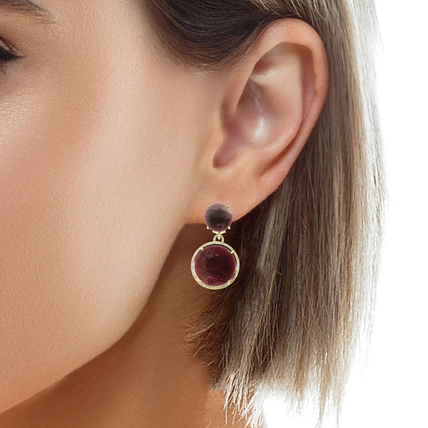 0.58CT Diamond with Ruby  14k Yellow Gold Earring