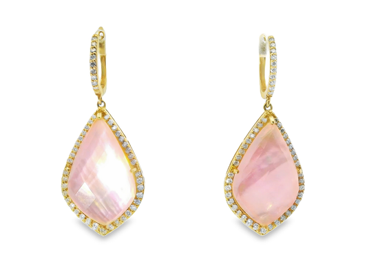 1.30CT Diamond with Faceted Pink Quartz MOP 14k Yellow Gold Earring