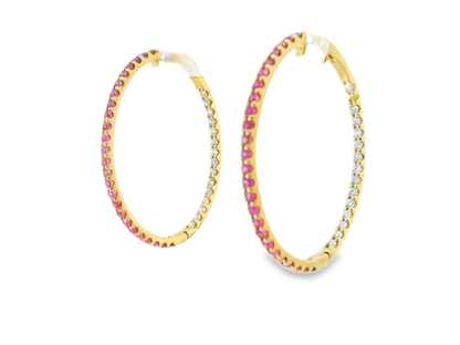 0.81CT Diamond 1.87CT Pink Sapphire HOOP 14k Yellow Gold Earring