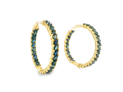0.36CT Diamond 10.31CT Blue Sapphire HOOP 14k Yellow Gold  Earring