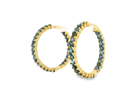 0.36CT Diamond 10.31CT Blue Sapphire HOOP 14k Yellow Gold  Earring