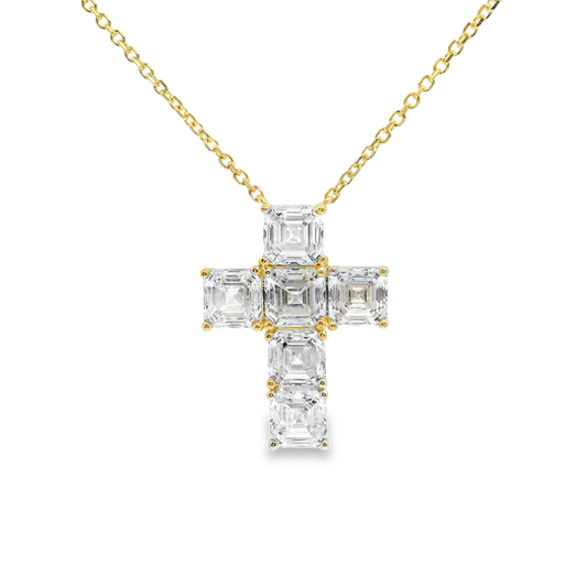 5.98CT Lab Diamond Emerald Cut Cross Pendant 14k Gold