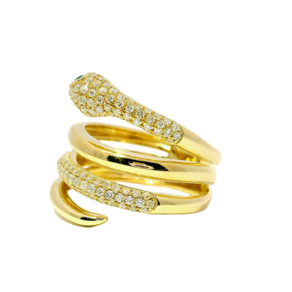 0.64CT Round Cut Diamonds .03CT Emerald Serpent Ring 14K Gold
