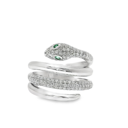 0.64CT Round Cut Diamonds .03CT Emerald Serpent Ring 14K Gold