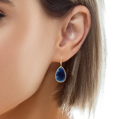 0.07CT Diamond Hoop Blue Sapphire Earring 14k Yellow Gold