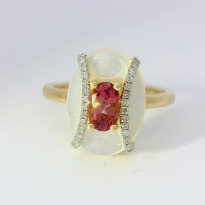 0.09CT Diamond and 0.50CT Pink Sapphire with White Agate 14K Yellow Gold