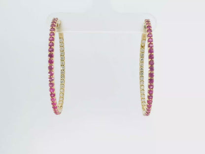 0.81CT Diamond 1.87CT Pink Sapphire HOOP 14k Yellow Gold Earring