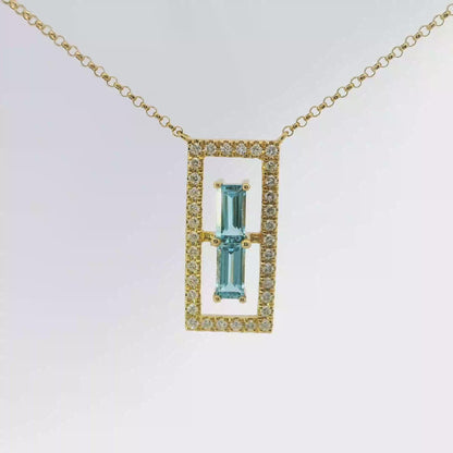 0.23CT Diamond 0.53CT Baguette Blue Topaz Pendant 14k Gold Pendant