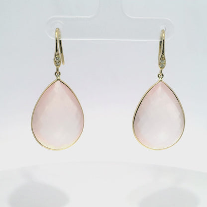 0.07CT Diamond Rose Quartz Hoop Earring 14k Yellow Gold