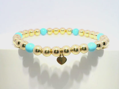 Plain Beaded with Turchese 14k Yellow gold Bangle