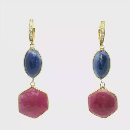 0.20CT Diamond with Pink and Blue Sapphire 14k Yellow Gold Earring