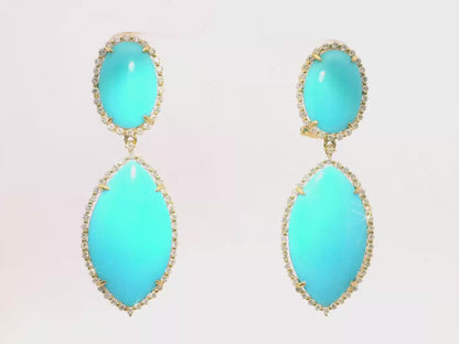 1.18CT Diamond with Turquoise Stone Earrings 14k Yellow Gold