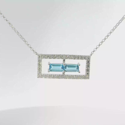 0.23CT Diamond 0.53CT Baguette Blue Topaz Pendant 14k White  Gold