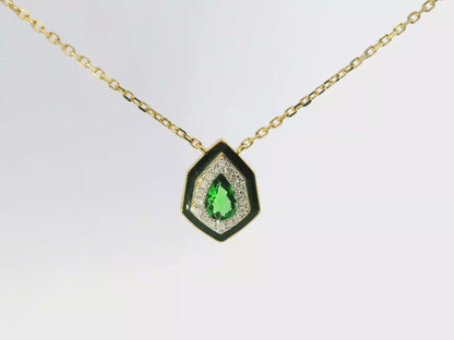 0.08Ct Diamond with Dark Green Garnet 14k Yellow Gold Pendant