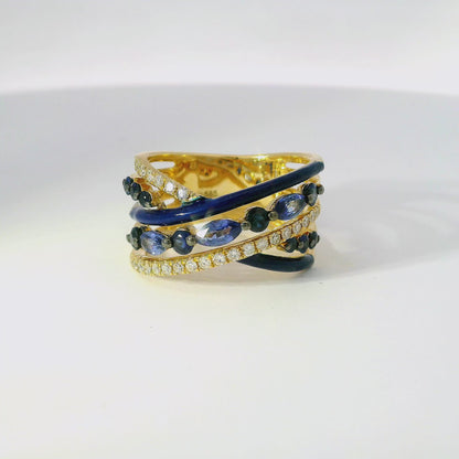 0.26CT Diamond and 1.30CT Blue Sapphire with Blue Enamel 14K Yellow Gold