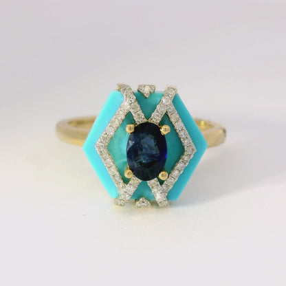 0.14 CT Diamond with 0.4 8CT Blue Sapphire with Turquoise Agate Ring 14K Yellow Gold