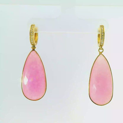 0.15CT Diamond with Pink Calcedony 14k Yellow Gold Earring
