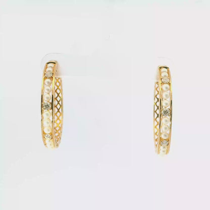 0.33CT Diamond  HOOP 14k Yellow Gold Pearl Earring